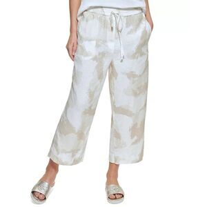 DKNY Pure Womens Capri Pants Size Large Tan‎ White Linen Blend Pull-On Wide-Leg